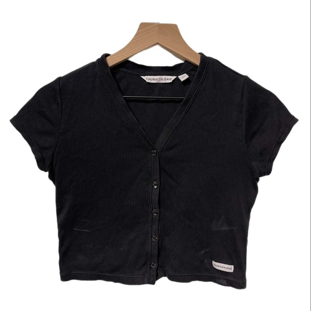 Calvin Klein Black Ribbed Short-Sleeve Buttoned Cardigan Shirt size XS